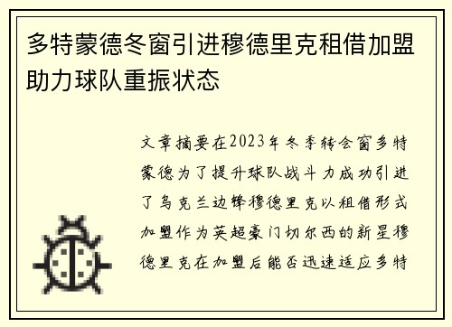 多特蒙德冬窗引进穆德里克租借加盟助力球队重振状态 多特蒙德冬窗引进穆德里克租借加盟助力球队重振状态